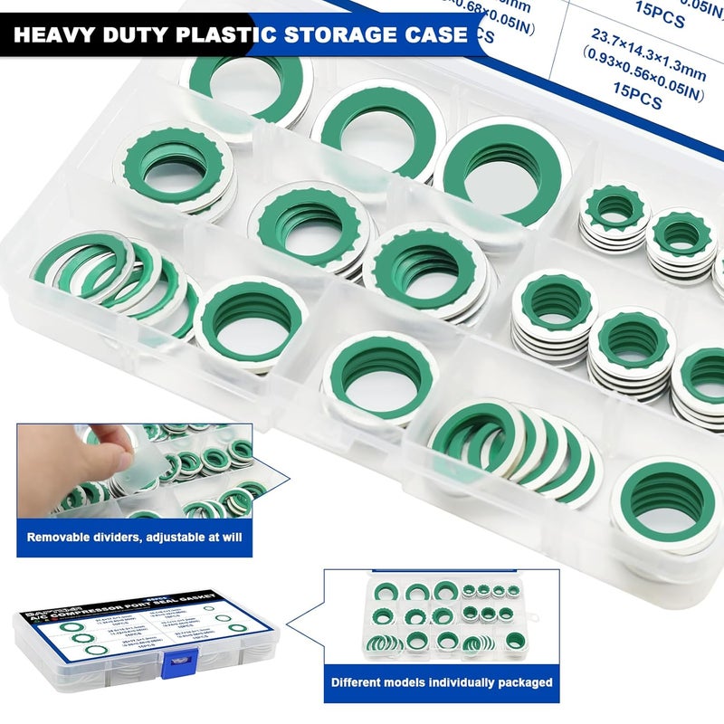 Daptemn 85PCS Air Conditioning Compressor Bonded Seal Washers Assortment Kit, 6 Sizes A/C System Compressor Port Gasket Repairs Universal Automotive Self-Centered Washers (ID: 8mm-17.5mm) (Green) - Image 5